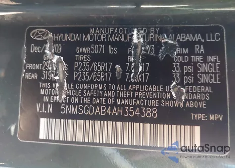 2010 Hyundai Santa Fe Gls z USA, uszkodzony, nr VIN 5NMSGDAB4AH354388